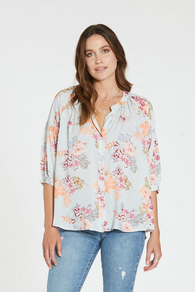 floral pattern  A band collar top, with balloon sleeves and front buttons.