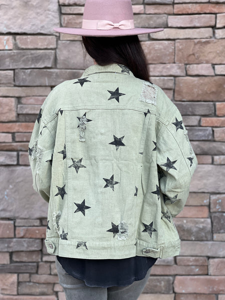 Green Jean Jacket with Black Stars by Touch of South - touchofsouth