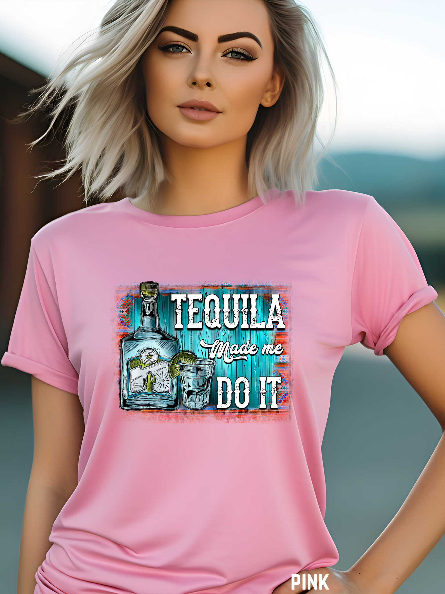 TEQUILA MADE ME DO IT. ... DTF Print on Pink T-Shirt.