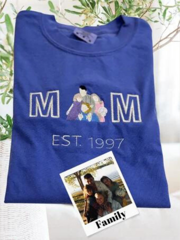 MOM. T-Shirt, Comfort Colors.  Personalized Embroidered Family Photo. Custom Gift for MOM. Photo-to-Embroidery.