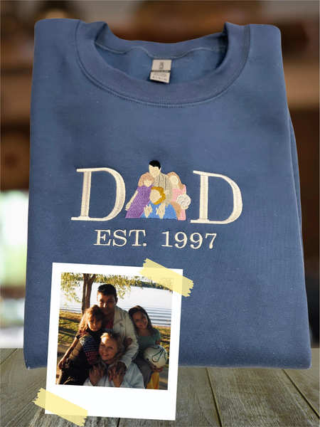 DAD. T-Shirt. Embroidered Family Photo. Real Picture converted to the embroidery. Embroider on Comfort Colors. Custom Gift for DAD. Father's Day Gift.