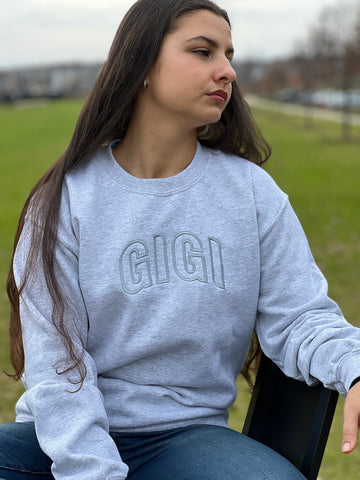 GIGI.. Embroidered in Dusty Blue on Ash Gray Crew Neck by Touch of South - touchofsouth