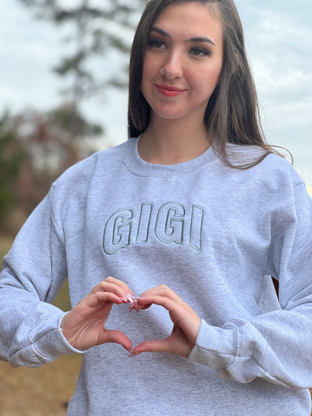 GIGI.. Embroidered in Dusty Blue on Ash Gray Crew Neck by Touch of South - touchofsouth