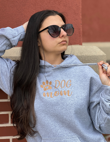 Dog MOM. Embroidery Design in Light Brown on Hoodie.