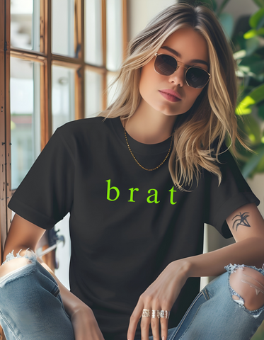 brat... embroider in neon green on black t-shirt.