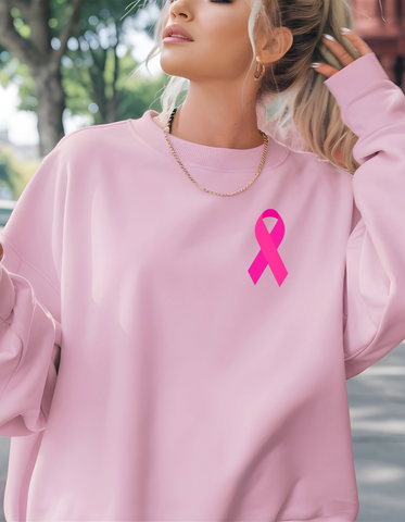 breast cancer ribbon. DTF print in hot pink on light pink sweatshirt.