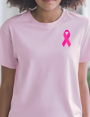 breast cancer ribbon. DTF print on light pink t-shirt. Gildan.