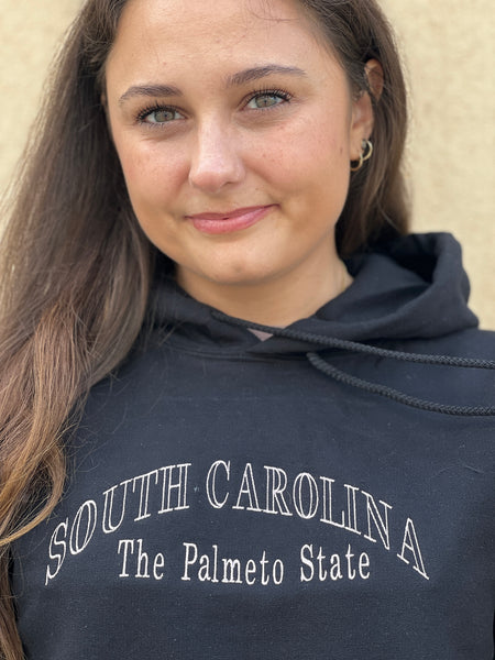 South Carolina, The Palmeto State. Black Gildan Hoodie. Embroider in Bronze. - touchofsouth