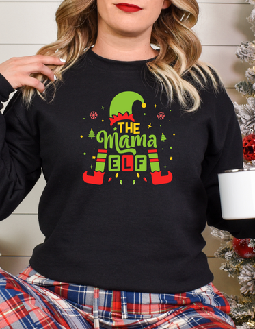 Mama Elf. Christmas Design. DTF Print. Black Long Sleeve Shirt.