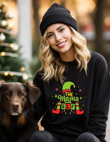 Mama Elf. Christmas Design. DTF Print. Black Sweatshirt.