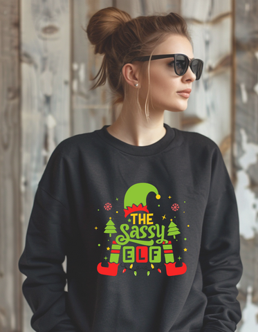 The Sassy Elf. Christmas Design. DTF Print. Black Long Sleeve Shirt.