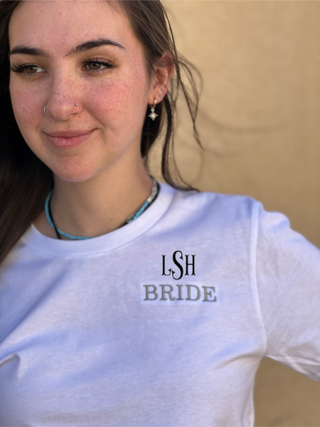 NEW! BRIDE.. White Color T-Shirt, Short Sleeve, Crew Neck,  Embroider on Bella+Canvas by Touch of South - touchofsouth
