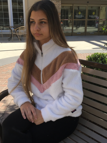 SHERPA. Panel Color Block Sherpa Fleece Pullover. White/Brown/Dusty Pink. - touchofsouth