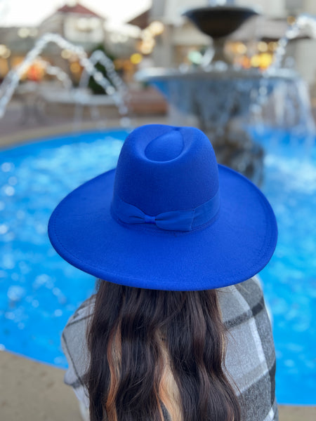blue felt wide brim fedora hat