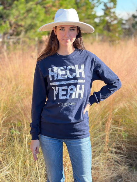 Navy long sleeve Southern T-shirt with "HECK YEAH" printed on the front.