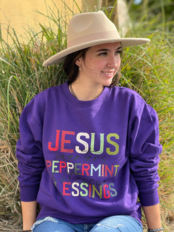 NEW.  Christmas, Sweatshirt, Crew Neck,  Grape Purple..Jesus..Peppermint..Blessing.. by Touch of South - touchofsouth