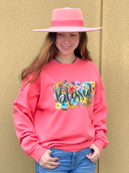 NEW! Blessed. Sweatshirt, Coral. Crew Neck Sweatshirt by Touch of South. - touchofsouth
