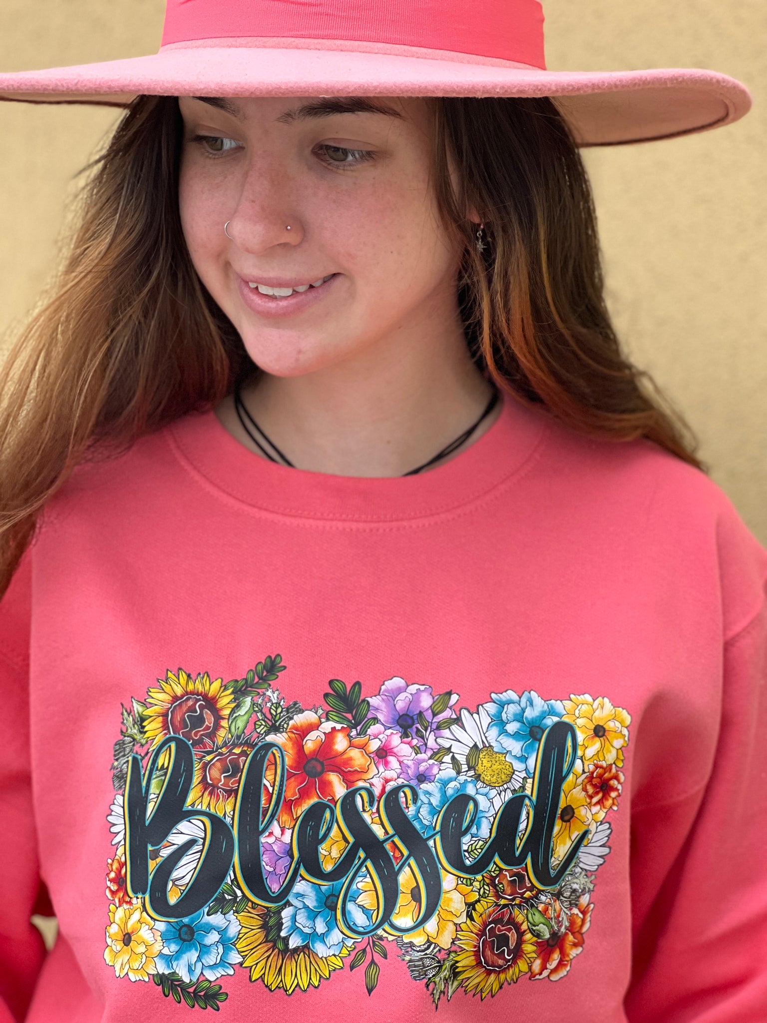 NEW! Blessed. Sweatshirt, Coral. Crew Neck Sweatshirt by Touch of South. - touchofsouth