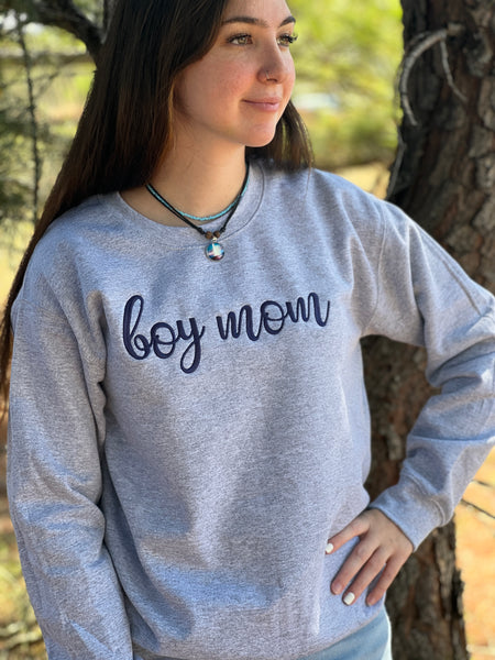 NEW! boy mom... Embroidered in Navy Blue on Heather Grey Sweatshirt by Touch of South - touchofsouth