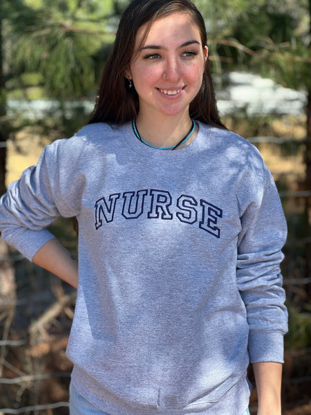 NEW! NURSE.. Embroidered Navy Blue on Heather Grey Sweatshirt by Touch of South - touchofsouth