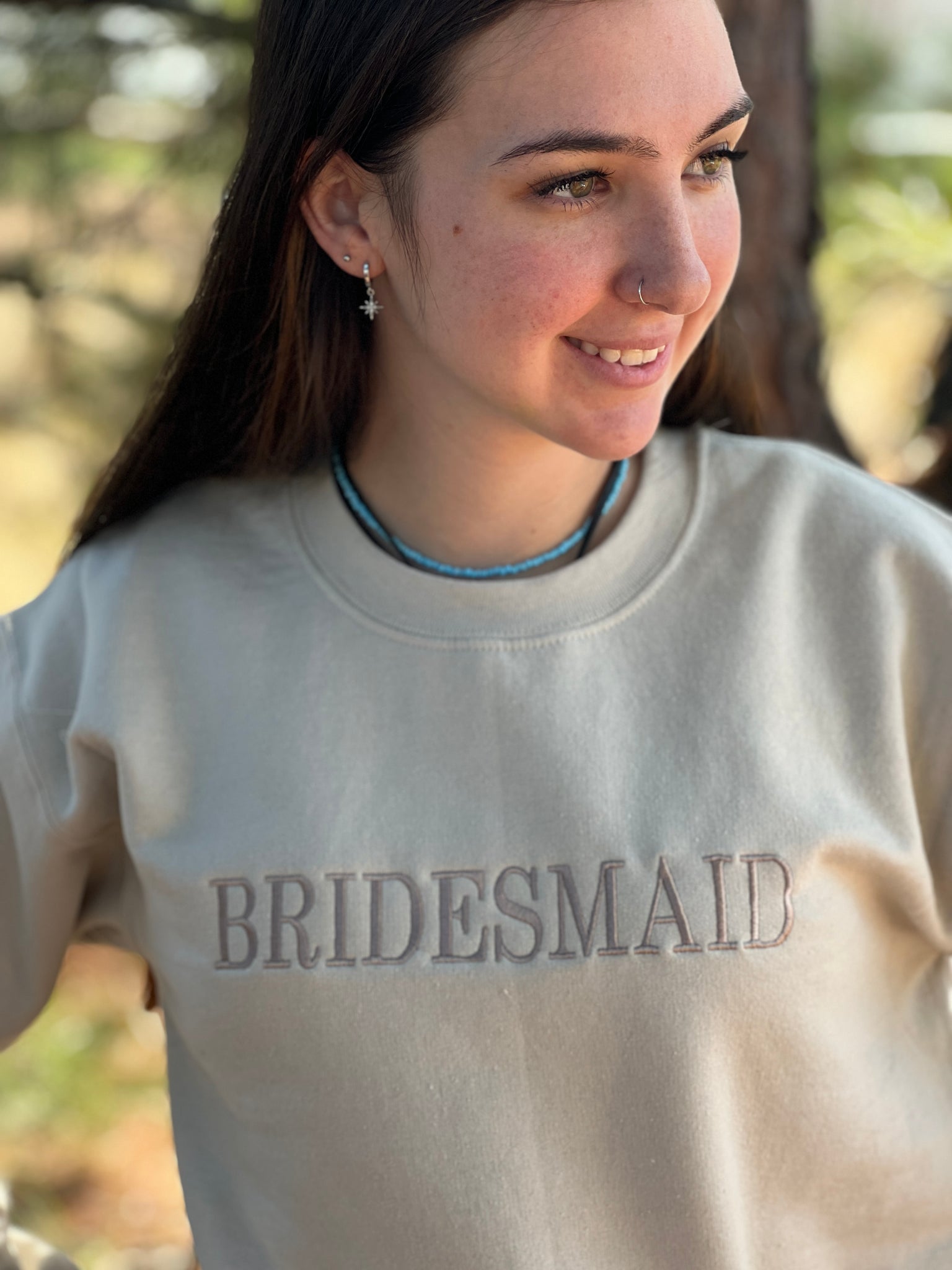 NEW! BRIDESMAID.. Embroidered Pastel Brown on Light Sage Green Sweatshirt by Touch of South. - touchofsouth