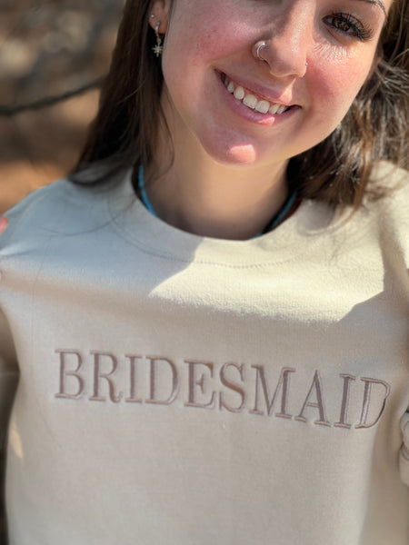 NEW! BRIDESMAID.. Embroidered Pastel Brown on Light Sage Green Sweatshirt by Touch of South. - touchofsouth