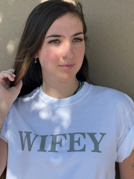 NEW! WIFEY.. Print T-Shirt. White Color, Short Sleeve Crew Neck by Touch of South - touchofsouth