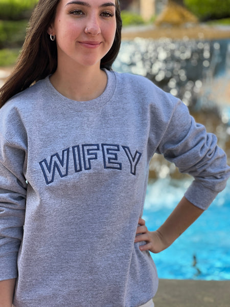 NEW! WIFEY.. Heather Grey Sweatshirt  with French Blue Embroidery by Touch of South - touchofsouth