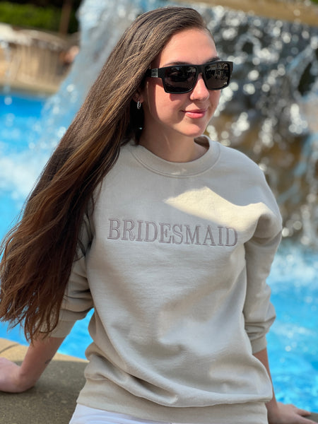 NEW! BRIDESMAID.. Embroidered Pastel Brown on Light Sage Green Sweatshirt by Touch of South. - touchofsouth