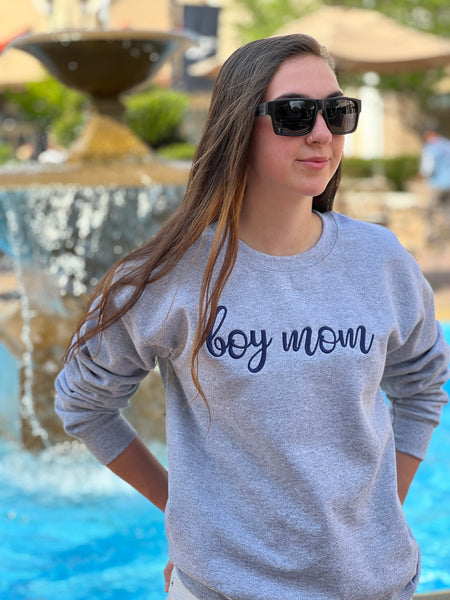 NEW! boy mom... Embroidered in Navy Blue on Heather Grey Sweatshirt by Touch of South - touchofsouth