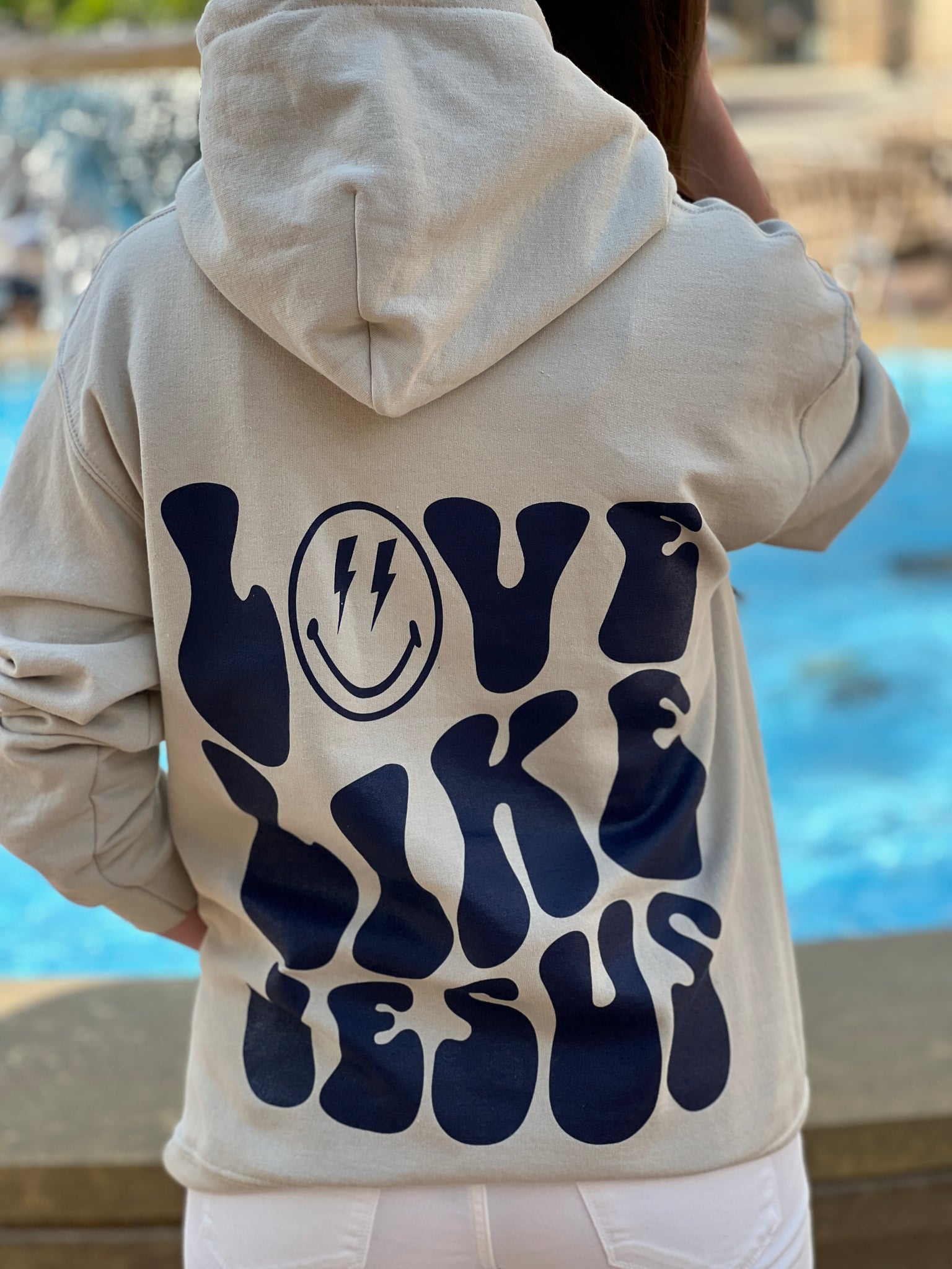 NEW! LOVE LIKE JESUS... Sand color Hoodie, Back Print in Navy Blue by Touch of South - touchofsouth