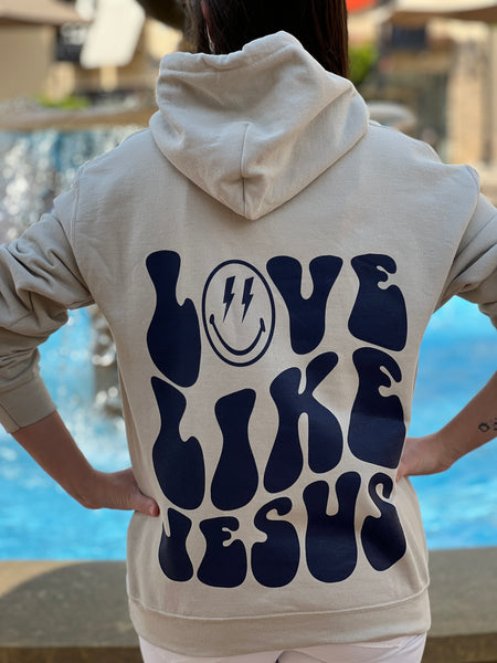 NEW! LOVE LIKE JESUS... Sand color Hoodie, Back Print in Navy Blue by Touch of South - touchofsouth