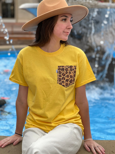 Pocket Tees with Leopard Pocket, Lemon Yellow - touchofsouth