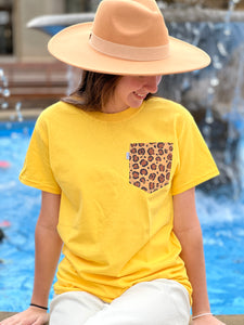 Pocket Tees with Leopard Pocket, Lemon Yellow - touchofsouth