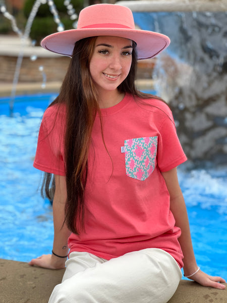 Pocket Tees, Coral with Pink/Teal Pocket. - touchofsouth