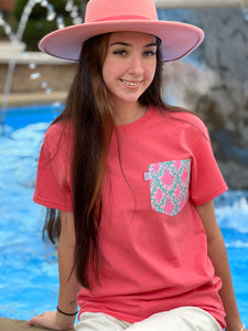 Pocket Tees, Coral with Pink/Teal Pocket. - touchofsouth