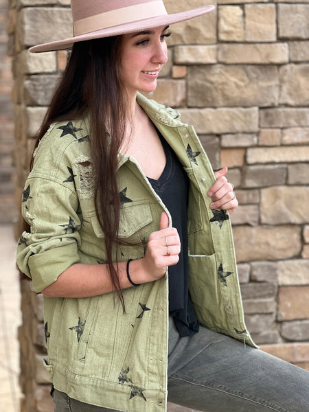 Green Jean Jacket with Black Stars by Touch of South - touchofsouth