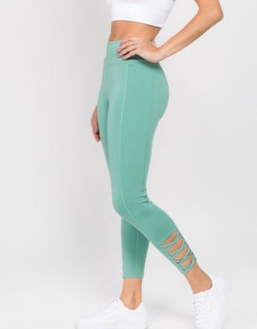Women's Active Lattice Ankle Cutout Workout Leggings. Dusty Jade. - touchofsouth