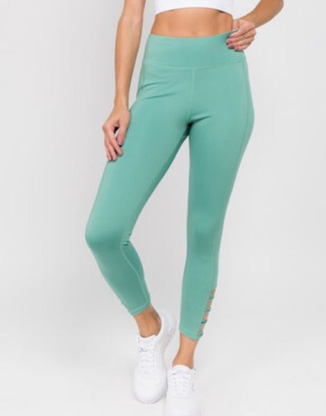 Women's Active Lattice Ankle Cutout Workout Leggings. Dusty Jade. - touchofsouth