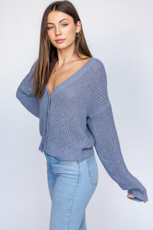 V-Neck Sweater Cardigan Dusty Blue - touchofsouth